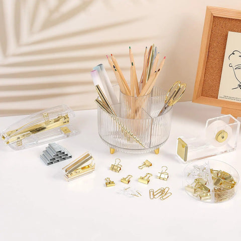 Gold Desk Organizer Set For Women With Rotating Pen Holder Gel Pen Stapler Tape Dispenser Scissors Clips 1000 Staples