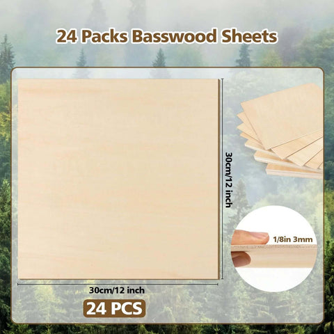 Adrattnay basswood sheets, 24-pack, 12x12 in, 3 mm thick, light wood for laser cutting