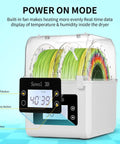 Moisture Busting Filament Dehydrator Dry Box with upgraded fan in use, displaying temperature and humidity, keeping spools dry for 3D printing