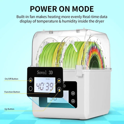 Moisture Busting Filament Dehydrator Dry Box with upgraded fan in use, displaying temperature and humidity, keeping spools dry for 3D printing