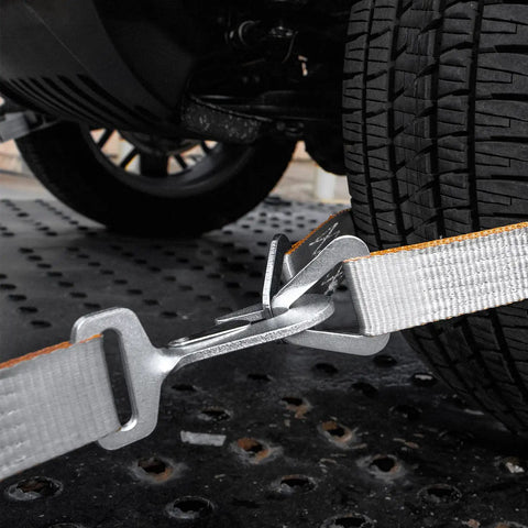 Heavy Duty 2 Inch By 96 Inch Car Tie Downs With Twisted Snap Hooks Silver Series 2 Pack 3300 Pound Safe Working Load in use