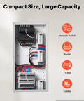 Slick 28 Inch In Wall Structured Media Enclosure Box with networking gear organized, featuring routers, switches, and cables.
