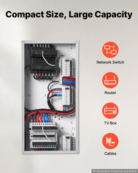 Slick 28 Inch In Wall Structured Media Enclosure Box with networking gear organized, featuring routers, switches, and cables.