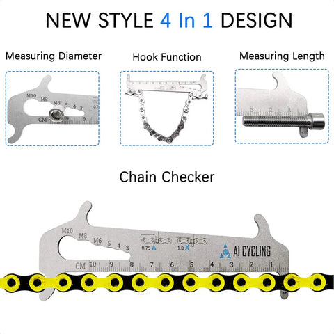 4 In 1 Bicycle Chain Checker Wear Indicator Tool for Shimano SRAM KMC and all other chains, silver, showing measuring functions