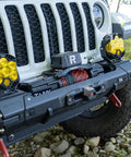 Beefy 13,500 Lb Synthetic Rope Winch For Trucks And SUVs, 12V IP68 Waterproof Motor, Wireless And Wired Remote, Heavy Duty Off Road Tow Winch For Trailers And UTVs Tank Series mounted on Jeep front bumper
