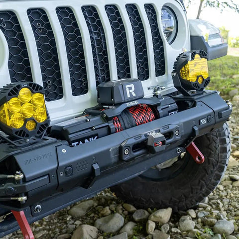 Beefy 13,500 Lb Synthetic Rope Winch For Trucks And SUVs, 12V IP68 Waterproof Motor, Wireless And Wired Remote, Heavy Duty Off Road Tow Winch For Trailers And UTVs Tank Series mounted on Jeep front bumper