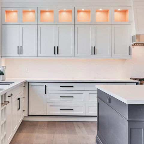 Bright kitchen with five pack 7.5 inch square cabinet handles matte black pulls for kitchen drawers and cabinets hardware.