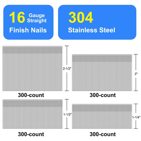 Top Shelf 304 Stainless Steel Finish Nails Assorted 1 To 2 5 Inch Bulk 1200 Pack showing 16 gauge size options.