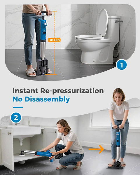 Heavy Duty Air Toilet Plunger And Drain Auger Featuring A Smart Real Time Pressure Gauge For Nailing Sticky Blockages Fast And Slashing Your Weekly Plumbing Costs Today used on a toilet and sink.