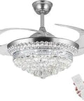 42 Inch Invisible Ceiling Fan Chandelier With Light Remote Control, 4 Retractable ABS Blades, Silver Finish, Crystal Design