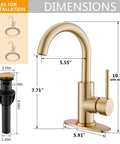 Brushed Gold Single Hole Bathroom Faucet With Pop Up Drain And Deck Plate Modern One Handle Lavatory Sink Tap For Vanity Easy Temperature Control Gold Bar Style dimensions