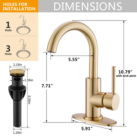 Brushed Gold Single Hole Bathroom Faucet With Pop Up Drain And Deck Plate Modern One Handle Lavatory Sink Tap For Vanity Easy Temperature Control Gold Bar Style dimensions