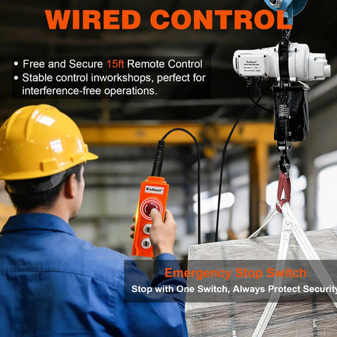 Worker operating Beefy Electric Chain Hoist 2200 Lb Lift, 110V Single Phase Overhead Crane with trolleys in a factory