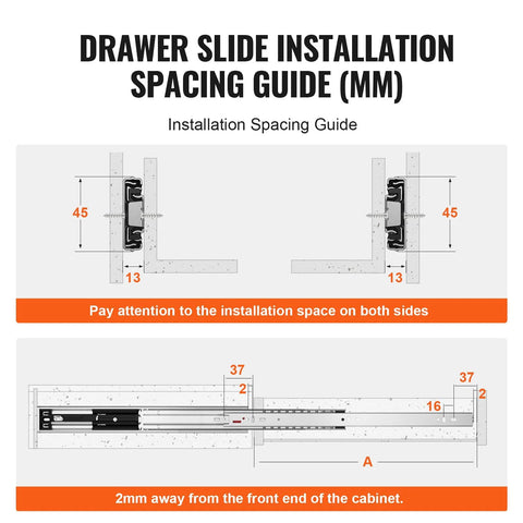 Drawer slide installation spacing guide for Soft Close Drawer Slides Set With Heavy Duty Ball Bearing Full Extension Side Mount Rails.