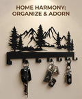 Wall Mounted Key Holder With 7 Dope Black Metal Hooks, Mountain Themed Key Rack For Front Doors, featuring rustic design.