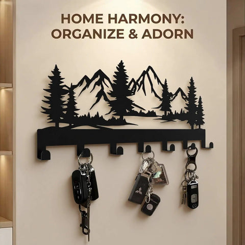Wall Mounted Key Holder With 7 Dope Black Metal Hooks, Mountain Themed Key Rack For Front Doors, featuring rustic design.
