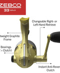 Gold Micro Trigger Spincast Fishing Reel Size 10 With Durable All Metal Gears Pre Spooled With Four Pound Cajun Line shown with specs