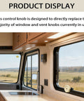 RV interior with installed Brown One Half Inch Shaft RV Window Knob Set Two And One Quarter Inch Diameter Plastic Camper Window Latch Knobs