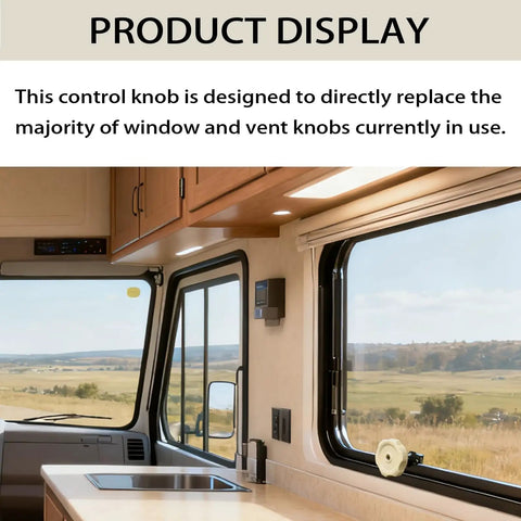 RV interior with installed Brown One Half Inch Shaft RV Window Knob Set Two And One Quarter Inch Diameter Plastic Camper Window Latch Knobs