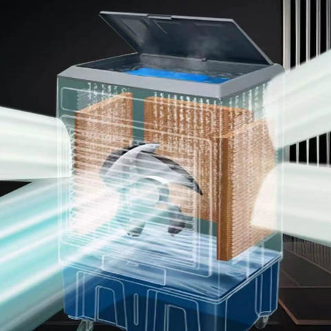 Heavy Duty Portable Evaporative Air Cooler With Three Speed Settings And Built In Water Tank For Garage Or Workshop cooling airflow diagram.