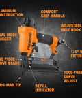 Orange and black G2XL31 Second Gen Pneumatic 3 In 1 Finish Nailer And Stapler For 16 And 18 Gauge with labeled features