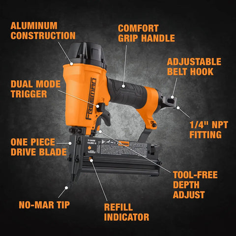Orange and black G2XL31 Second Gen Pneumatic 3 In 1 Finish Nailer And Stapler For 16 And 18 Gauge with labeled features