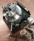 Precision Tilting Rotary Table With Three Jaw Chuck And Six Inch Centering Adapter offering accurate tilt, heavy base and accessories.