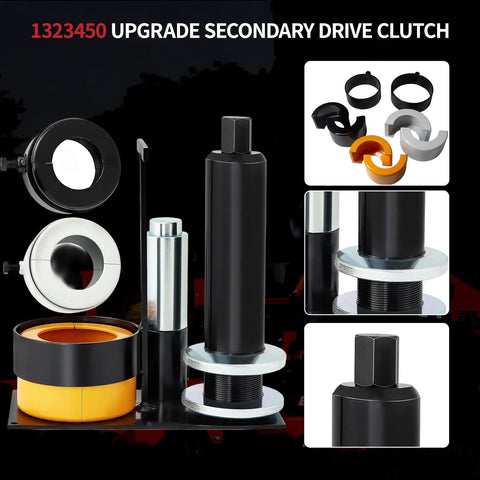 Upgrade Secondary Drive Clutch components, featuring black and silver tools designed for automotive maintenance.