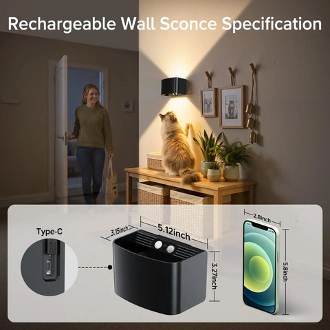 Woman enters lit room with Cordless Motion Sensor Wall Light With Remote Control No Cords Needed Set Of Two 5000mAh Rechargeable Wireless Sconce