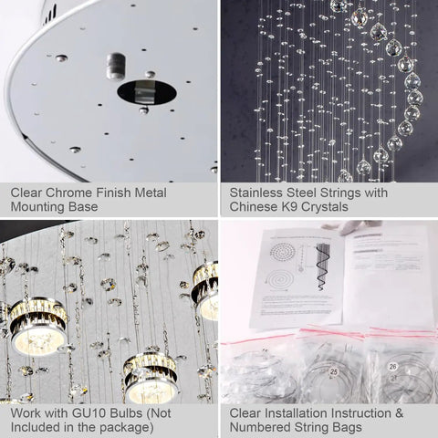 Components of 87 Inch Crystal Chandelier With Spiral Design, including chrome base, K9 crystals, GU10 bulbs, and installation guide.