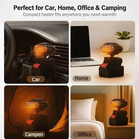 Road Ready Rechargeable Battery Powered Car Heater With Silent Kickin Warmth For Indoor Office And Camping Use Keeps You Toasty Cord Free, compact heater in car, home office, and camping setting.