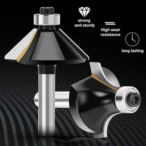 Close-up of two tungsten carbide tipped router bits from a One Quarter Inch Router Bit Set With Tungsten Carbide Tips And Black Powder Coat Finish