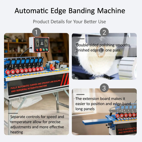 Knockout Automatic Woodworking Edge Bander For Curved And Straight Boards Dual Hot Melt Glue Adjustable Speed Auto Tape Break 110V with control panel and polishing brush.