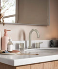 Precept Widespread Bathroom Faucet Brushed Nickel in modern bathroom setting with 3-hole sink and decor, Easy Install for 3-Hole 6-16 Inch Setup