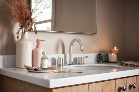 Precept Widespread Bathroom Faucet Brushed Nickel in modern bathroom setting with 3-hole sink and decor, Easy Install for 3-Hole 6-16 Inch Setup