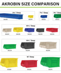 Akrobin size comparison chart featuring various sizes and colors of stackable storage bins, including red 18-inch model.