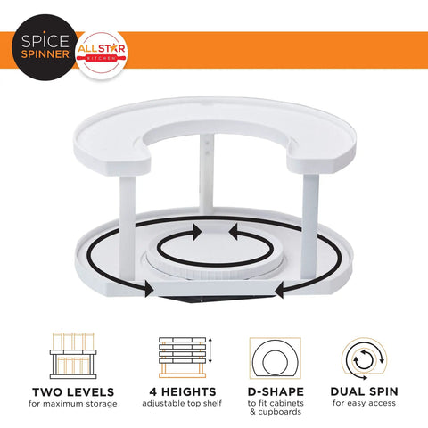 Two Tier Spice Spinner Organizer With Dual Spin Turntables shown empty with design features highlighted.