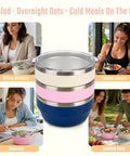 Hella Solid 32 Oz Double Wall Vacuum Insulated Stainless Steel Bowl With Tight Seal Silicone Lid shown with food for office workers and students.