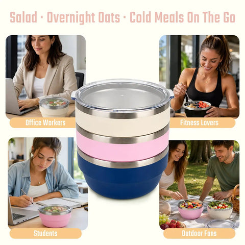Hella Solid 32 Oz Double Wall Vacuum Insulated Stainless Steel Bowl With Tight Seal Silicone Lid shown with food for office workers and students.