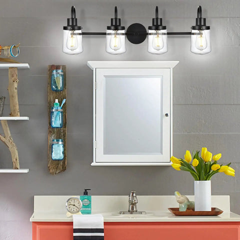 Four Light Black Vanity Light Fixtures With Clear Glass Shades Dope Industrial Wall Sconces in bathroom over mirror
