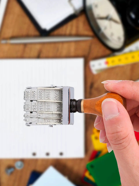 Kickin Retro Wooden Roller Date Stamp With Sleek Grip And Clean Roll On Ink System Delivers Flawless Calendar Marks From 2026 To 2036 in hand.