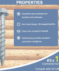 Heavy Duty Joist Hanger Screws Number 9 X 1-1/2 In With 1/4 In Hex Head And 0.37 In Washer Prem Galvanized Corrosion Resistant Replaces 9112R500 And 10D Nail Includes Hex Driver 500 Count, showing single screw and product properties.