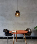Black Rattan Pendant Lights 7 Inch Modern Woven Fixtures Farmhouse Coastal Handwoven Lamp Shade over small table with chairs