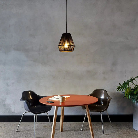 Black Rattan Pendant Lights 7 Inch Modern Woven Fixtures Farmhouse Coastal Handwoven Lamp Shade over small table with chairs