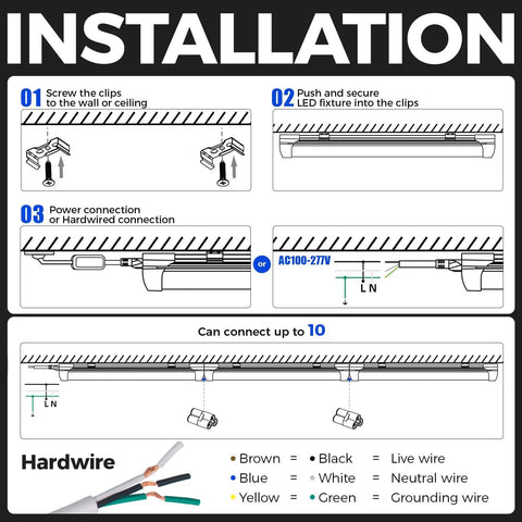 Installation instructions diagram for Crazy Bright 5000K 1.5ft LED Shop Light With 3450 Lumens At 25W For Workbench And Garage, showing wiring and clips.