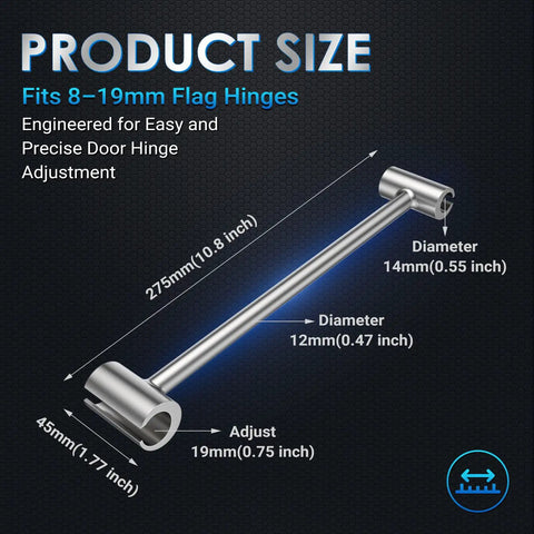 Beefed-Up Heavy Duty Door Hinge Adjustment Tool For Standard Bolts 0.315-0.75in, double ended, showing dimensions and size