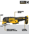 No Sweat Nine Piece Brushless Cordless Power Tool Kit With 20 Volt Batteries Fast Charger Oscillating tool with LED light and quick-change system.