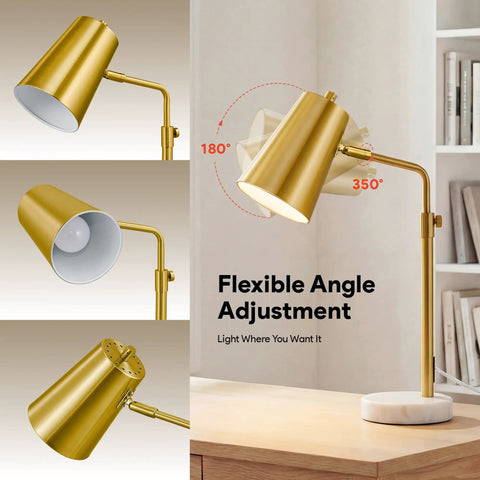 Gold Desk Lamp With LED Bulb Adjustable Brass Finish Metal Table Lamp With Marble Base Mid Century Modern Reading Lamp