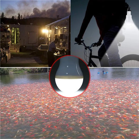 Collage showing Portable Solar Powered Light Bulb Lantern With 350LM Output for fishing, camping, and biking at night