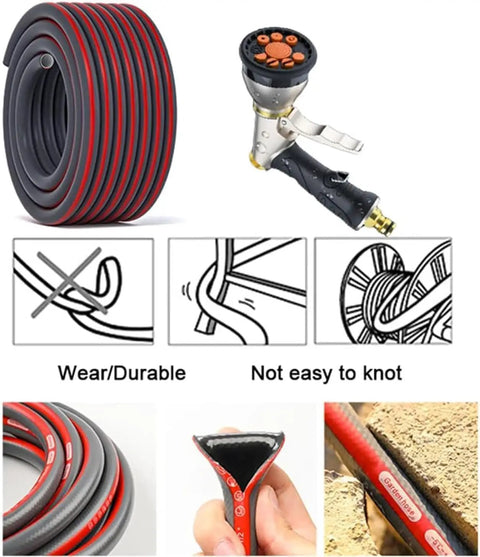 Heavy Duty Retractable Garden Hose Reel Kit With 130 Foot Flexible Tubing And Wall Or Ground Mount Brackets image showing durable tubing and spray nozzle.